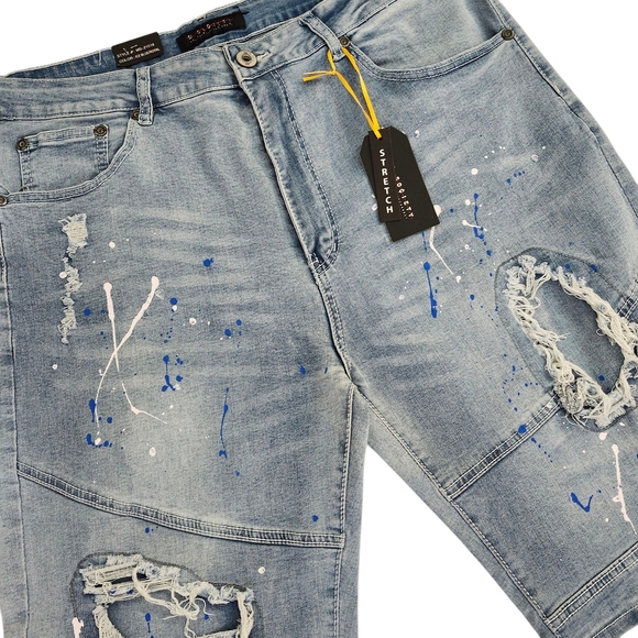 Men’s Distressed Paint Splatter Light Blue Wash Denim Shorts Size 40 - Picture 2 of 11